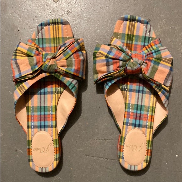 J. Crew Shoes - Red and Blue Slip-On Sandals with Decorative Bow